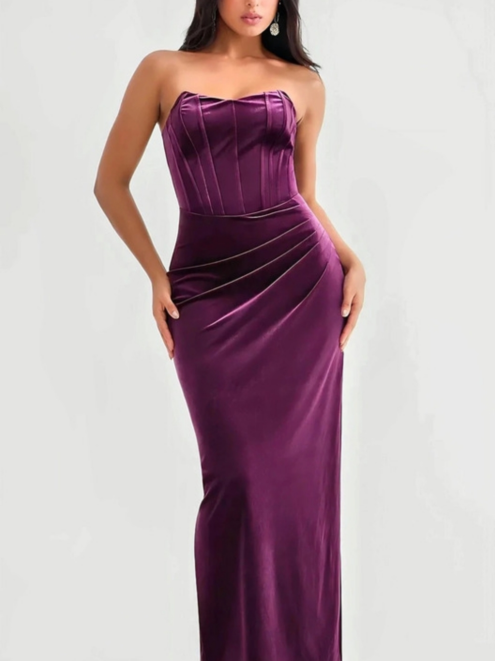 Popilush Plum Purple Velvet Strapless Maxi Dress